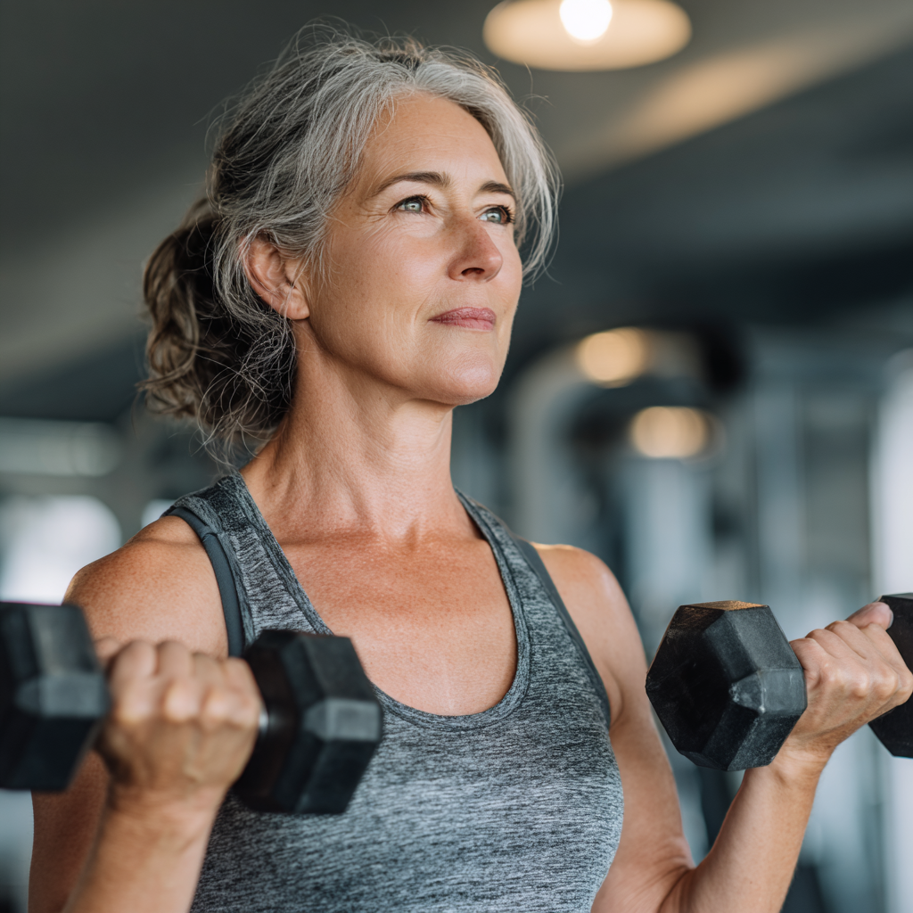 Active woman in her early fifties performing strength training exercises with dumbbells in a bright, well-equipped fitness studio, showing proper form and focused concentration